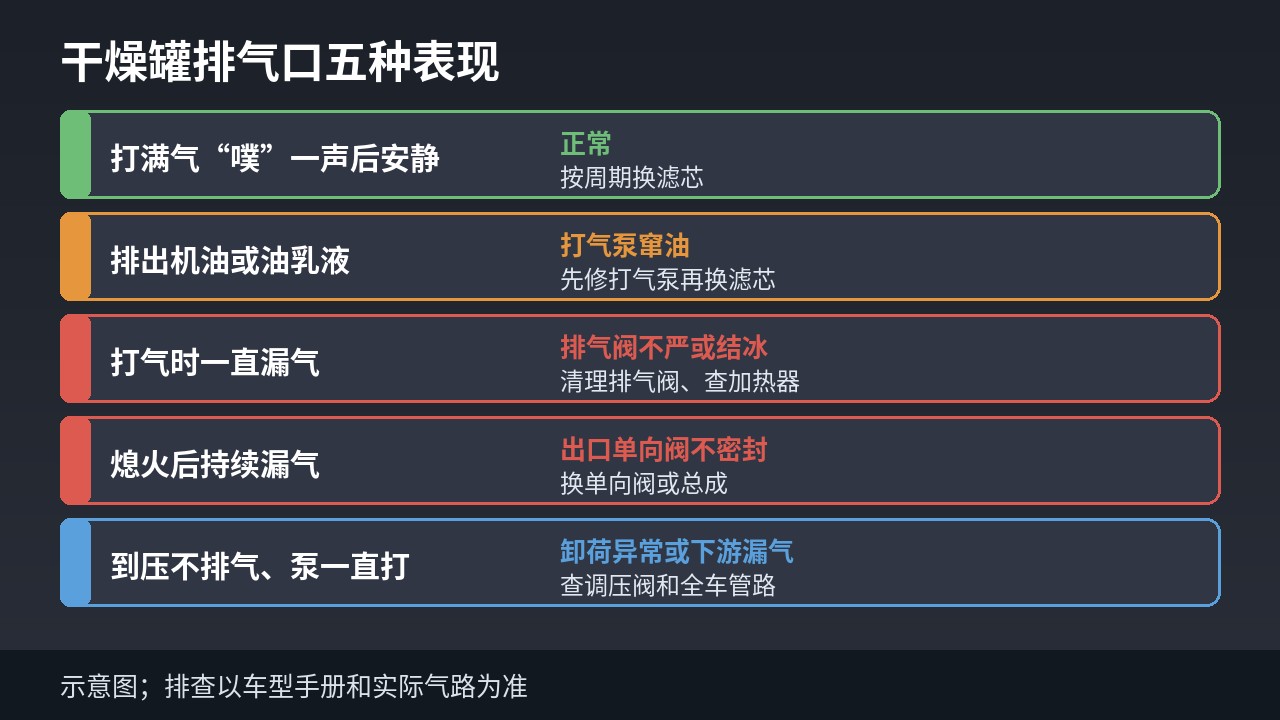 货车干燥罐排气口五种表现与对应排查方向示意