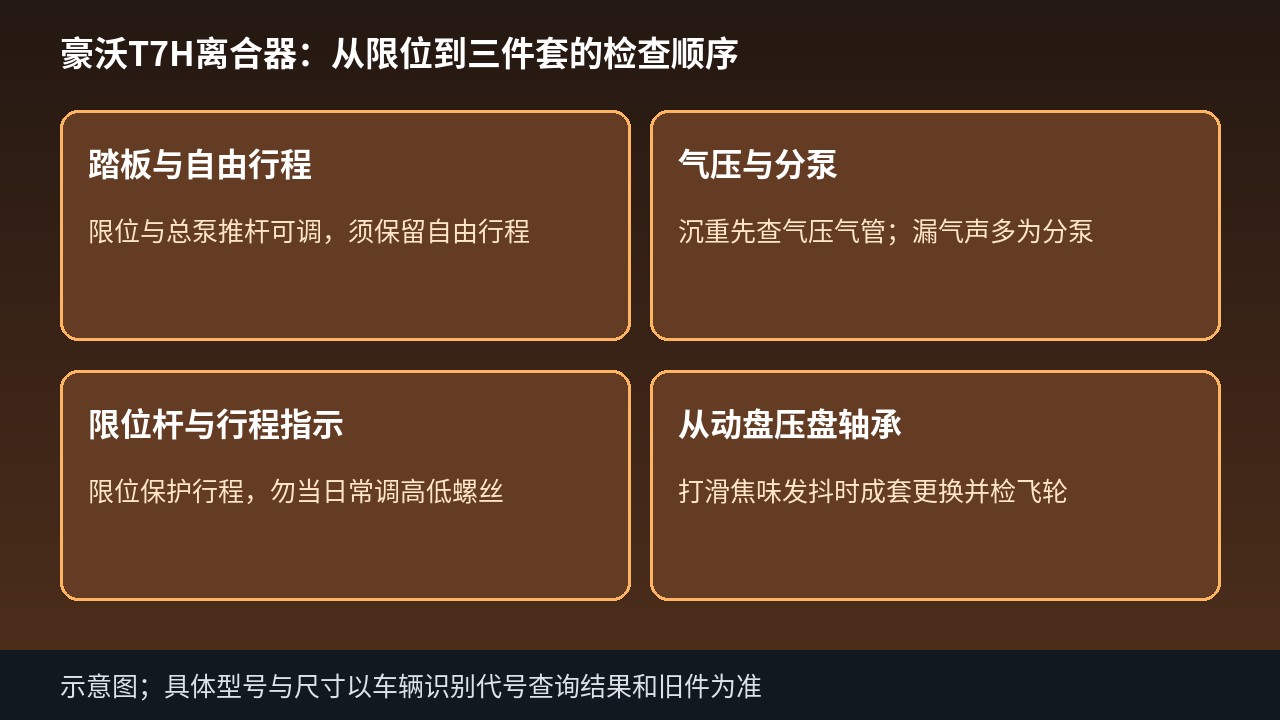 豪沃T7H离合器从分泵限位到压盘从动盘的检查顺序示意
