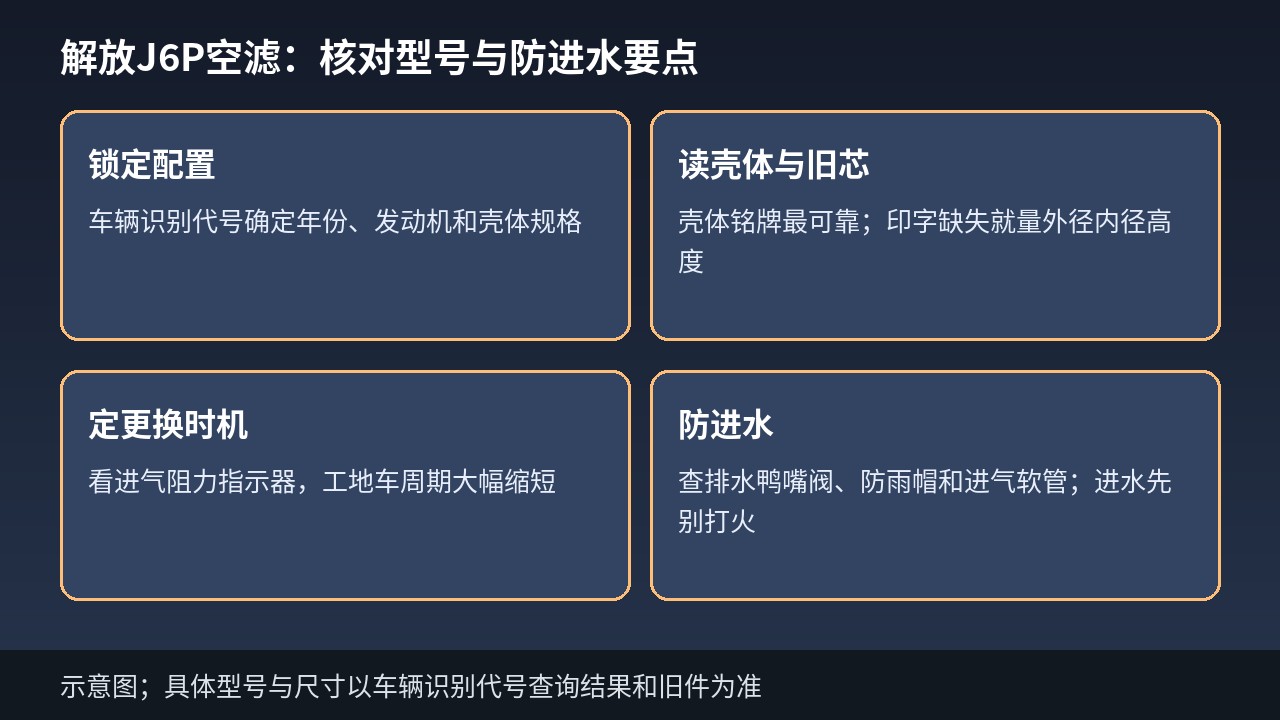 解放J6P空滤从进气总成到滤芯的核对顺序示意
