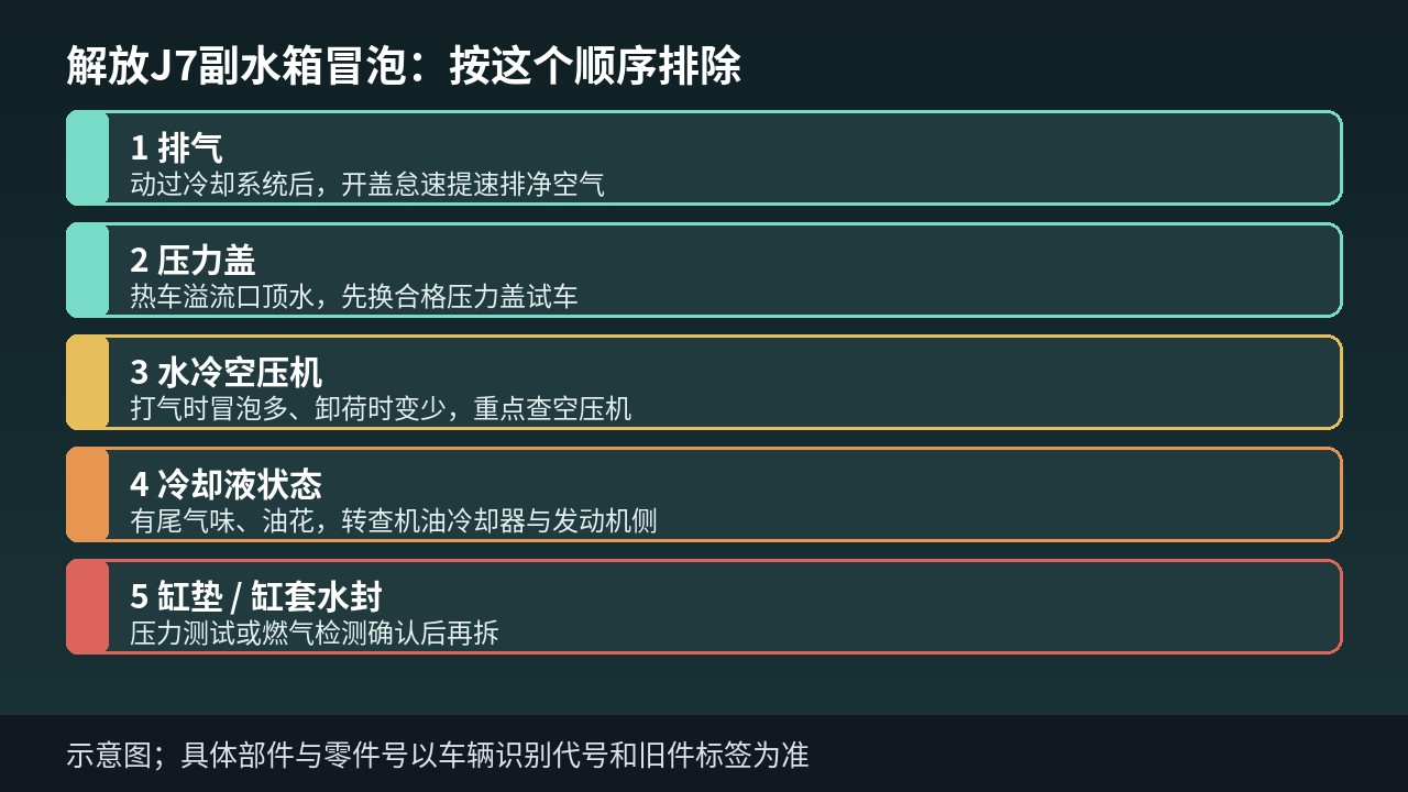 解放J7副水箱冒泡反水排查顺序示意