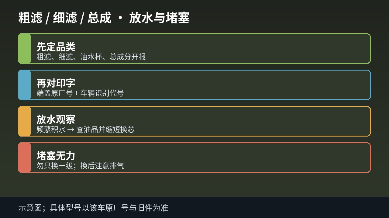 欧曼柴油粗滤放水与粗细滤、总成区分示意
