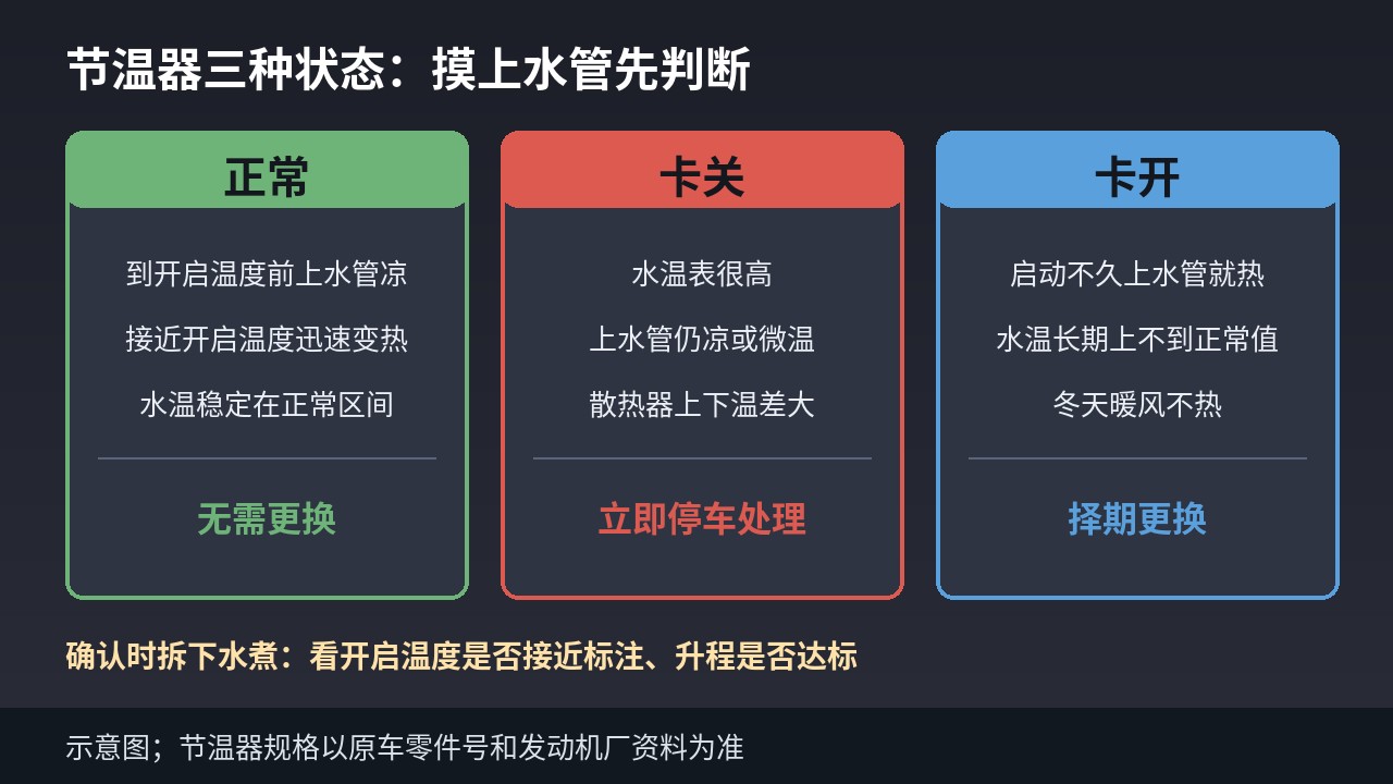 节温器正常、卡关、卡开三种状态的上水管手感与水温表现对照