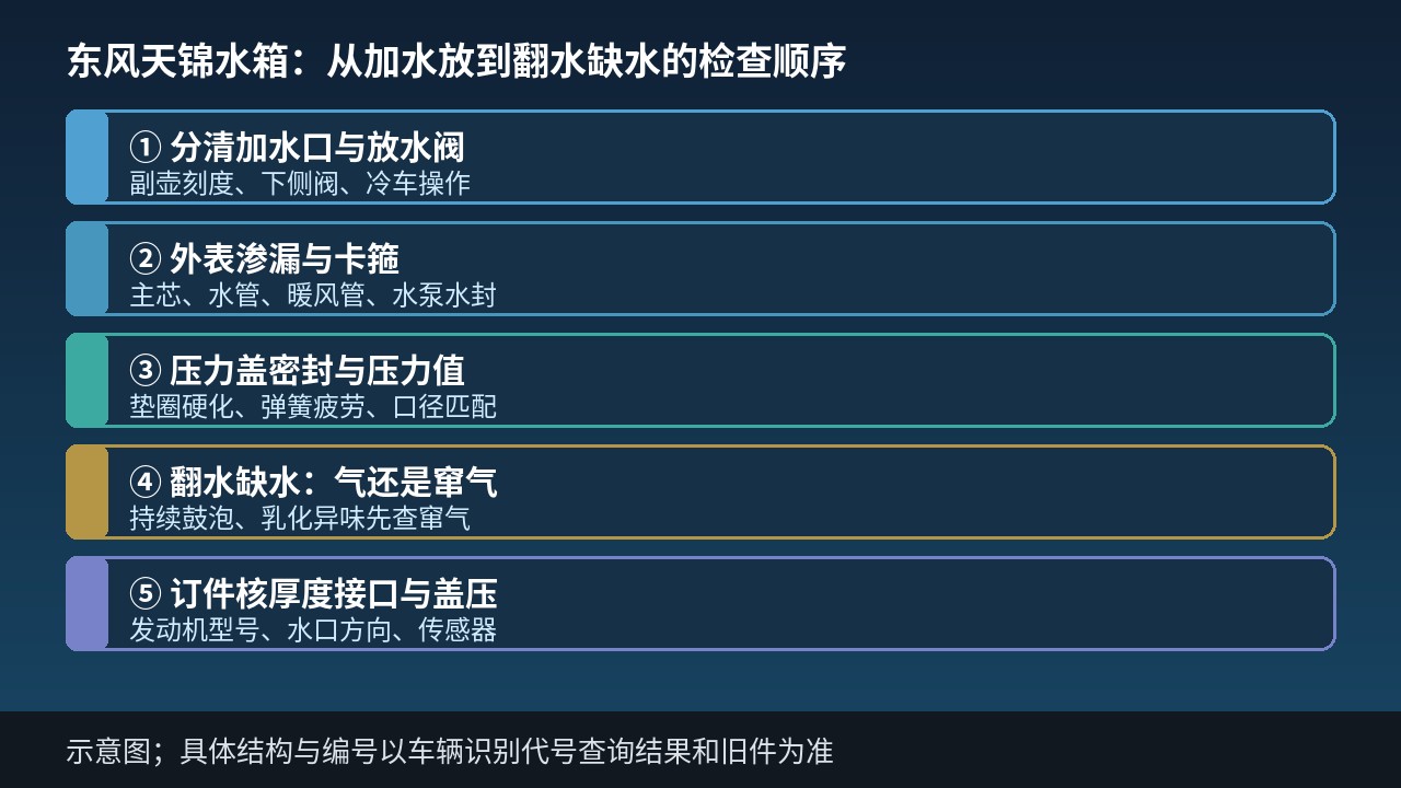 东风天锦水箱加水放水与翻水排查顺序示意